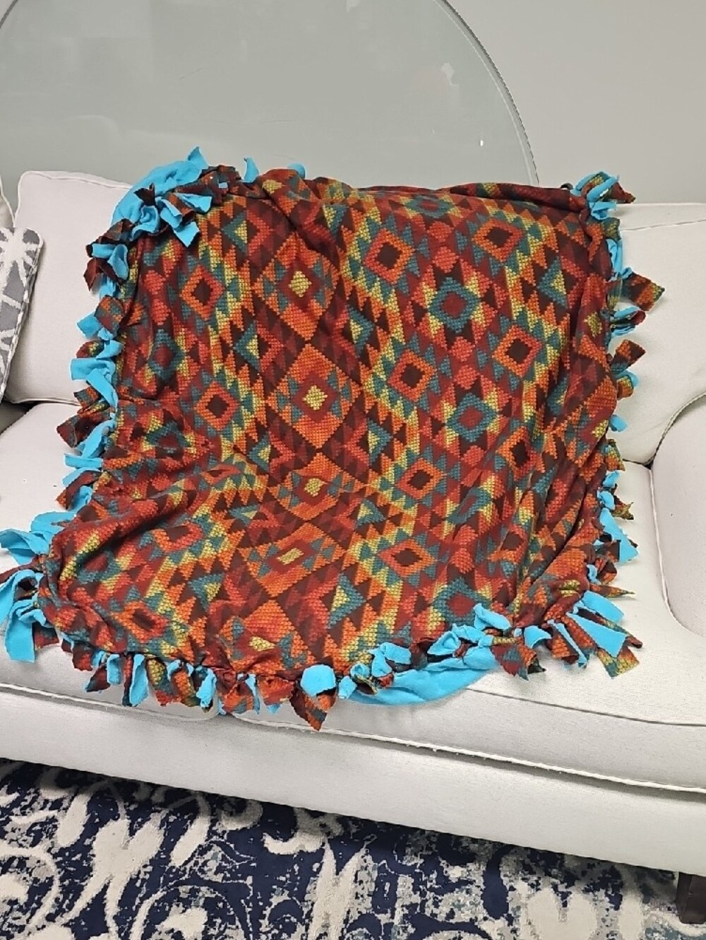 Aztec Turquoise Fleece Tie-Blanket with Fringe 1.5ydX2td